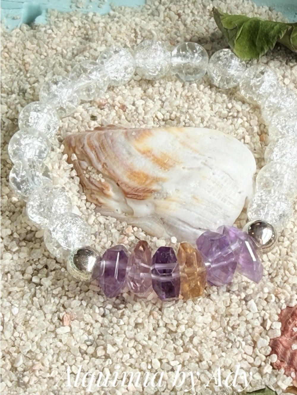Clear Crackle quartz- AMETRINE Bead Bracelet with Purple Amethyst Accents